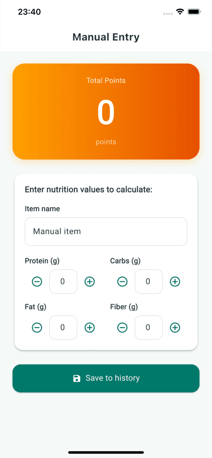 Manual entry screen with fields for protein, carbs, fat and fiber, and the calculated total points shown above