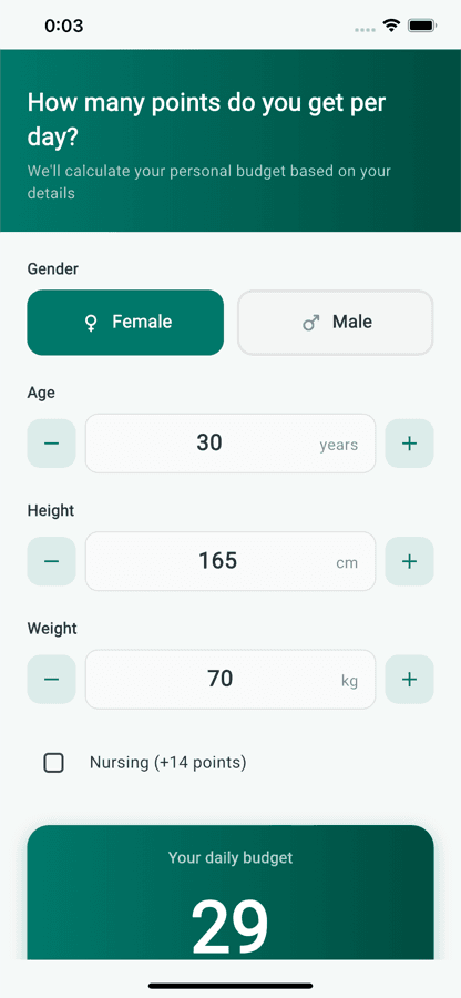 Profile setup screen asking for gender, age, height and weight, and showing the calculated daily budget